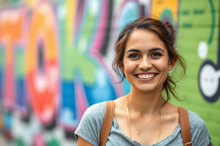 Soft-focus image of a woman with a bright smile standing in front of a colorful mural, wearing a casual outfit, with the vibrant artwork reflecting her lively spirit.