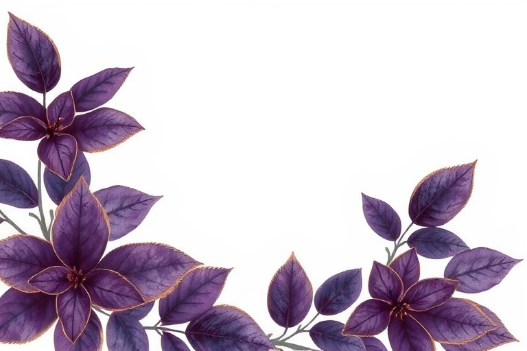 regenerate a floral watercolor frame with dark purple leaves, golden outline, DSLR camera, 50mm lens, f/2.8 aperture, ISO 100, soft focus background, high resolution.
