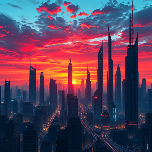 Create a highly detailed digital illustration of a futuristic city skyline at sunset with vibrant colors, using a Canon EOS R5 camera, 24mm lens, f/8 aperture, ISO 100, and a wide-angle view for enhanced depth and clarity.