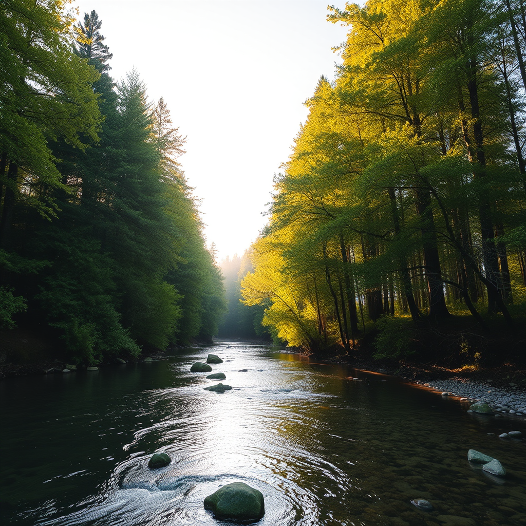 Create an image of a serene, sunlit forest scene with a clear, gently flowing river. Tall trees with lush green foliage line both sides of the river, their leaves bathed in the warm golden light of the setting or rising sun. The sunlight filters through the trees, casting soft, dappled light on the river, which flows over smooth rocks and pebbles, creating a peaceful, natural atmosphere. The sky is bright with a few scattered clouds, and the overall mood is tranquil, evoking a deep sense of connection with nature. The image captures the beauty of a calm, pristine forest landscape at either dawn or dusk.