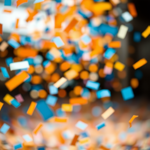 Create an abstract image of colorful confetti in motion with vibrant blue, orange, and yellow tones, shallow depth of field, 50mm lens, f/2.8 aperture, ISO 100, and natural light for enhanced clarity and texture.