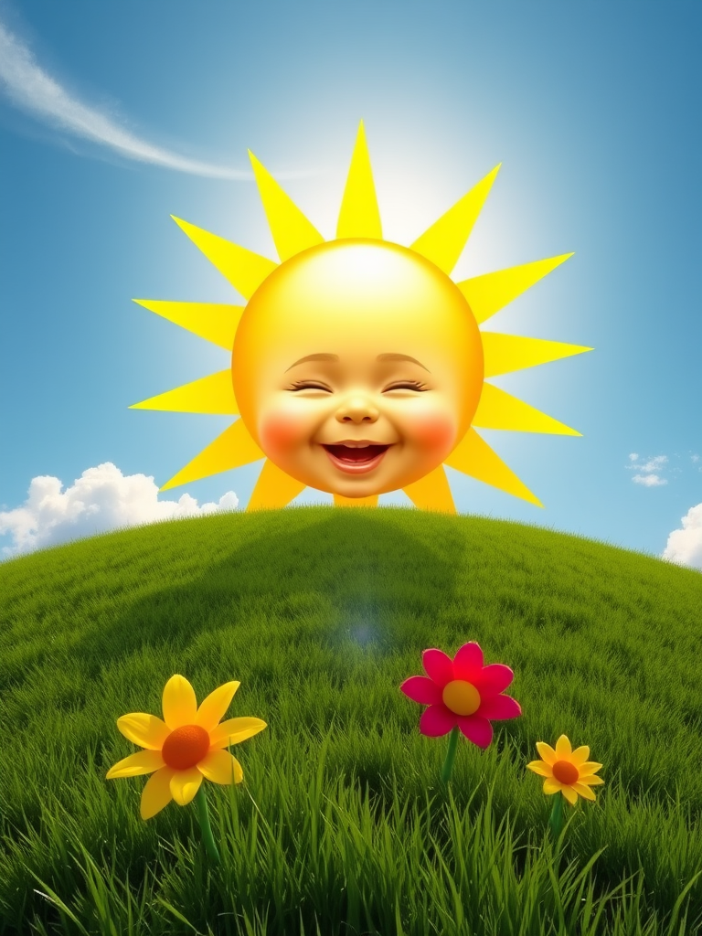 Create an image shows a bright, sun with a smiling baby's face in the center, radiating soft yellow rays. The sun is set against a clear blue sky with a few wispy clouds. Below, there's a lush green grassy hill with colorful, oversized flowers, giving the scene a whimsical, playful atmosphere.