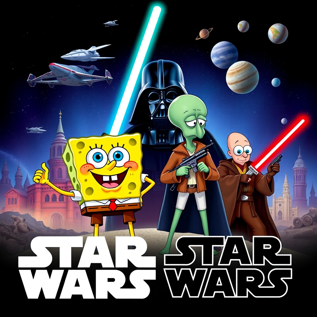 Create a parody of the Star Wars poster with SpongeBob as Luke Skywalker, holding a glowing spatula like a lightsaber. Patrick Star takes the role of Han Solo, holding a blaster, while Squidward is Obi-Wan Kenobi, draped in robes. In the background, Plankton appears as Darth Vader, with Bikini Bottom’s landmarks reimagined as spaceships and planets. The iconic Star Wars logo is swapped for "Sponge Wars," creating a playful, sci-fi adventure scene.