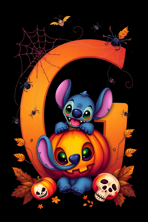 A whimsical and vibrant Halloween-themed digital illustration featuring the letter "G" adorned with spider webs, small bats, and cute spiders. At the base of the letter, a playful alien character similar to Stitch is peeking out from inside a carved pumpkin with glowing eyes, surrounded by additional pumpkins, a small skull, and autumn leaves. The letter is gradient-colored from orange to purple, adding a magical atmosphere to the scene, black background