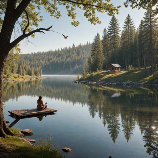 Quiet lakeside cabin, the lake's surface still as glass, reflecting the clear sky, a woman sits on the porch swing, sipping from a steaming mug as she watches the birds fly across the water.