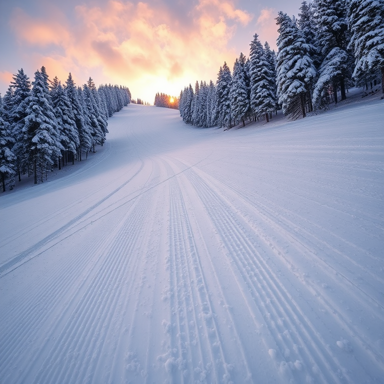 Wide-angle shot of a snowy ski slope with freshly groomed runs, emphasizing the textured snow and surrounding trees, taken with a DSLR camera at f/8, 1/250s, ISO 200, during golden hour for warm light.