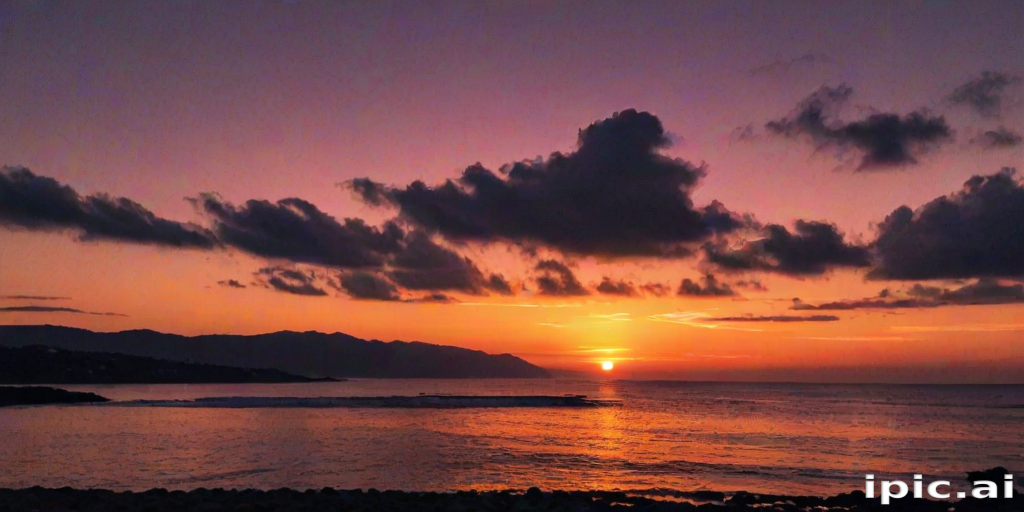 Vibrant Sunset Over Serene Ocean with Colorful Clouds and Mountains