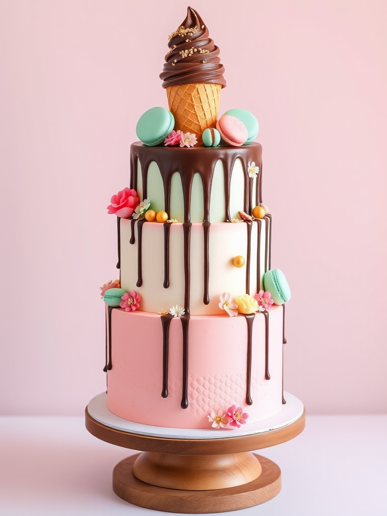 Create an image of a tall multi-tiered cake with pastel colors including pink and mint green. The cake should have chocolate drips cascading down the sides and be adorned with colorful macarons, gold balls, and small decorative flowers. At the top, there should be an ice cream cone along with a scoop of chocolate ice cream and sprinkles. The cake is displayed on a round wooden cake stand with a decorative base.