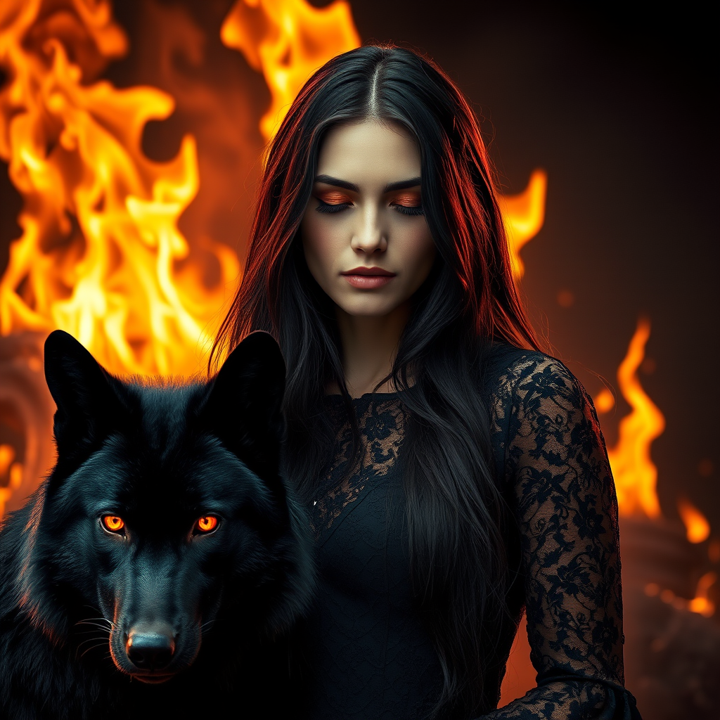 A woman with long dark hair, wearing a black lace dress that seamlessly blends into her skin with intricate floral patterns. She is in the foreground, with a black wolf beside her; its fur is midnight black, and it has glowing, intense, orange eyes that match hers. Her eyes are partially closed with burning embers above them, giving a fiery and mystical aura. The background is engulfed in tall, roaring flames, contributing to an overall dark and supernatural atmosphere. The colors are intense, predominantly black, fiery orange, and deep reds, with sharp contrast highlighting the mysterious and fierce theme. The flames are bright and dynamic, casting dramatic light and shadow, illuminating the woman and wolf while leaving parts in near darkness. The image evokes a sense of otherworldly power and connection between the woman and the wolf.