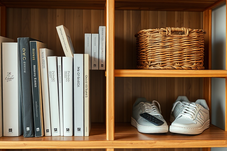 Capture a modern bamboo shelf with neatly arranged books, a woven basket, white sneakers, and a remote control, using a DSLR camera, 50mm lens, f/1.8 aperture, ISO 100, natural lighting, and a shallow depth of field for enhanced texture and detail.