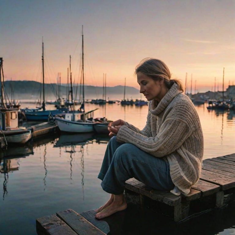 Old fishing village at dawn, boats bobbing gently in the harbor, a woman in a woolen sweater sits on the dock, her feet dangling over the edge as she watches the fishermen prepare for the day ahead.