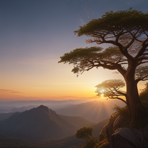 Majestic Tree Silhouetted Against a Stunning Sunrise Over Mountain Range