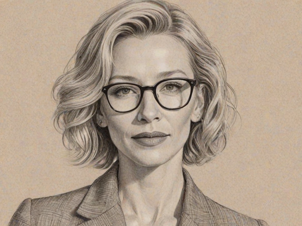 Sublime Cate Blanchett, pencil sketch, portrait of Radiant woman 1953s in glasses, hair style beatnik, outline, clear lines, fine lines, 8k