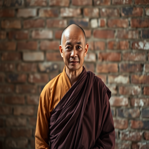 portrait of a monk standing against a rustic brick wall, natural light, aperture f/2.8, shutter speed 1/125s, ISO 100, Canon EOS R, 35mm lens, soft focus background, full body shot