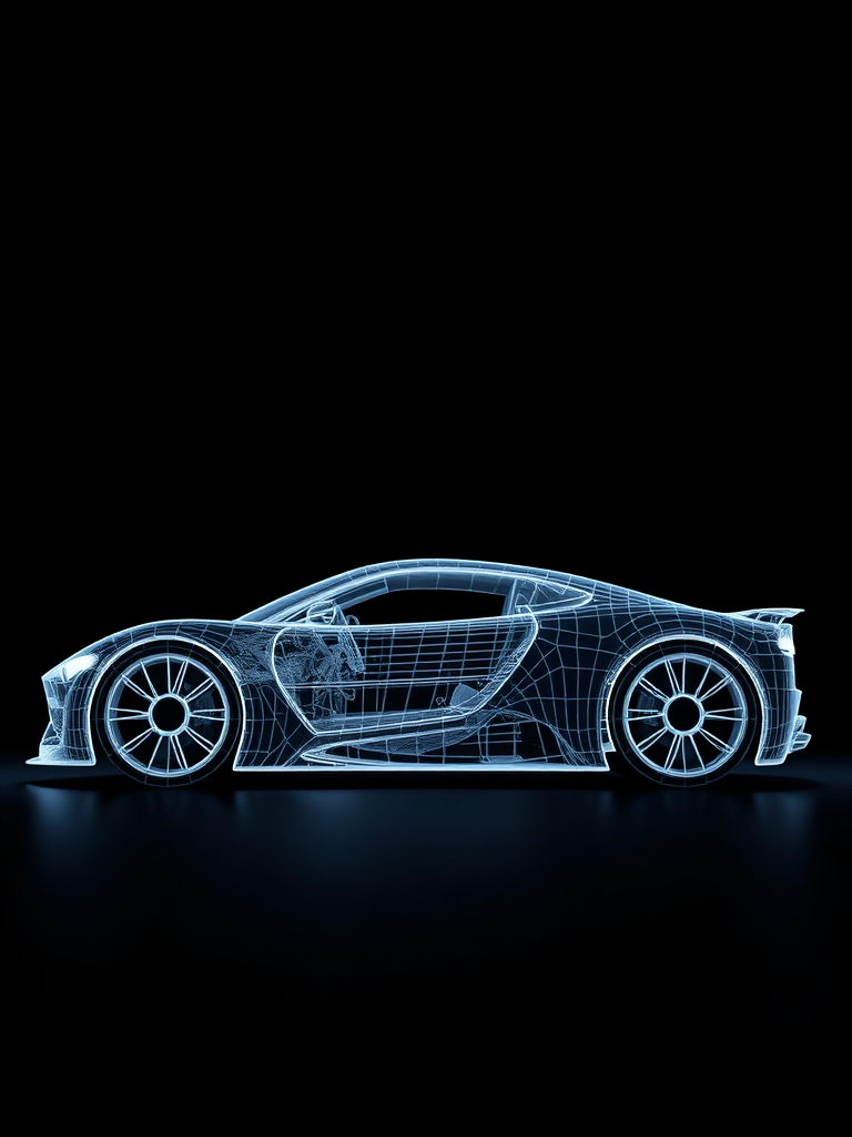 Generate a hyper-realistic 3D wireframe rendering of a futuristic car from a low angle, using a Canon EOS R5 camera at f/1.8, ISO 100, 1/200s exposure, with soft ambient lighting and a gradient black background to enhance depth and detail.