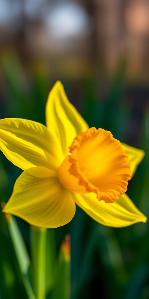 Generate a high-resolution image of a close-up yellow daffodil with orange center, using a Canon EOS 5D Mark IV, 100mm f/2.8 macro lens, f/2.8 aperture, ISO 100, and natural light for enhanced color and detail.