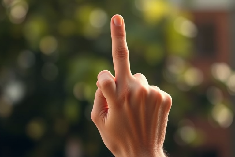 Create a high-resolution image of a raised hand with the index finger pointing upwards, using a Canon EOS R6 camera, 50mm lens, aperture f/2.8, ISO 100, 1/200 sec shutter speed, shot in natural lighting with a soft focus effect, emphasizing the contours and shading of the hand.