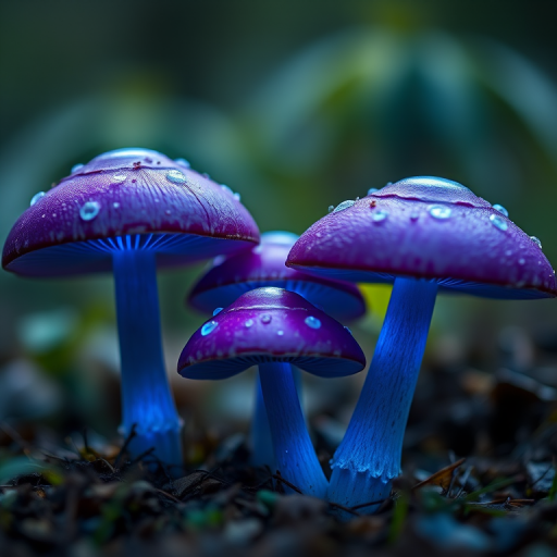 create a high-resolution digital illustration of three mystical mushrooms with purple caps and glowing blue gills, macro view, soft focus background, 50mm lens, f/2.8 aperture, ISO 100, natural lighting