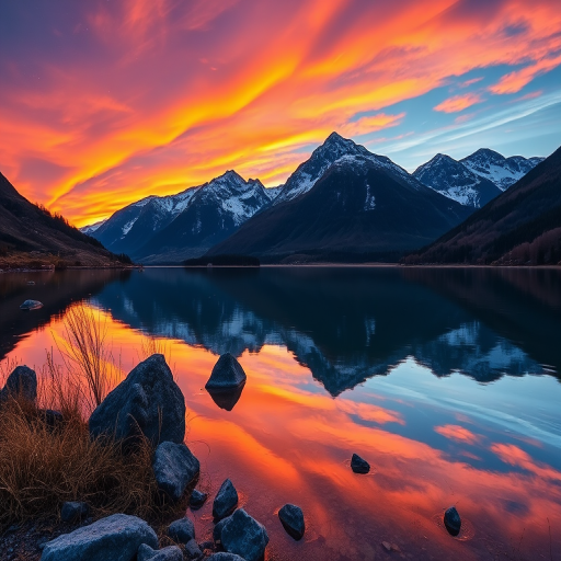 Create a high-resolution image of a serene landscape featuring a calm lake reflecting mountains at sunset with vibrant colors in the sky, using a DSLR camera with a 50mm lens, f/1.8 aperture, ISO 100, and a tripod for stability.