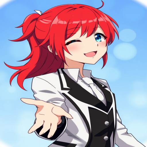 Create an anime character with bright red hair, wearing a stylish white and black suit, smiling and gesturing with open hands, set against a soft blue circular bokeh background, using a Canon EOS R5, 50mm lens, f/1.8, ISO 100, natural lighting.