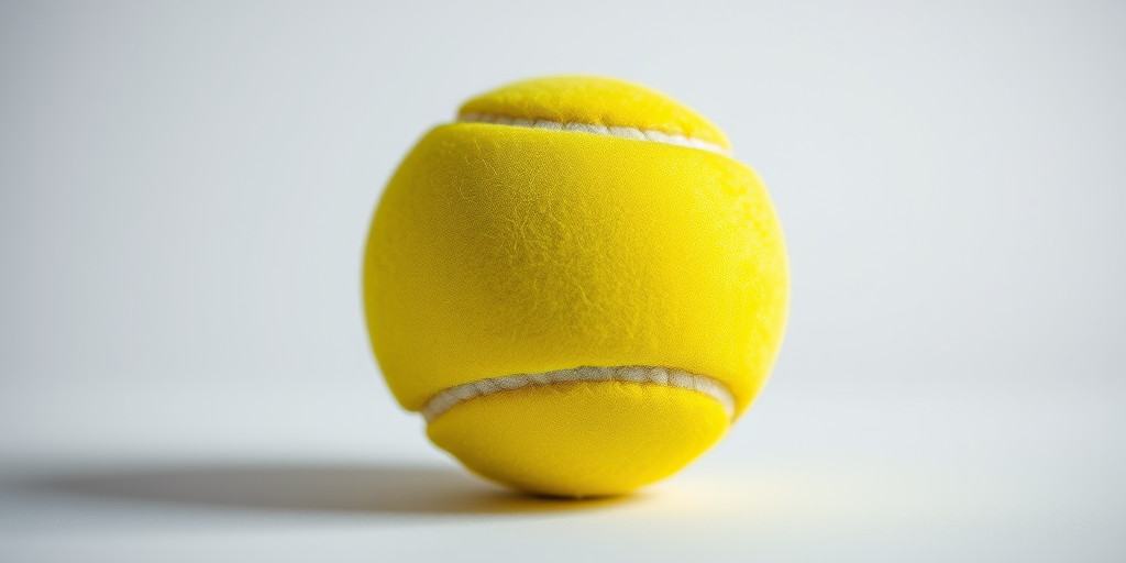 Create a high-resolution image of a bright yellow tennis ball on a plain background, using a macro lens at f/2.8, ISO 100, and a shutter speed of 1/200s, with a shallow depth of field to emphasize texture and color vibrancy.