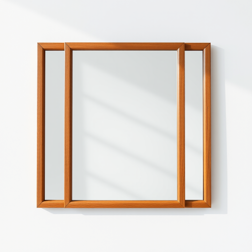 Create a high-resolution image of a rectangular wooden-framed mirror with a clean reflection on a plain background, shot with a DSLR camera at f/8 aperture, 50mm lens, ISO 100, using natural lighting from the left to enhance reflections and textures.