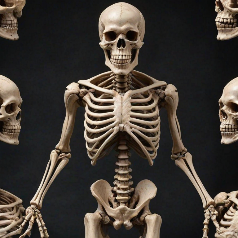 dynamic pose, angular patterns, horror theme. The skeleton is a formidable figure with a grinning skull, worn look, well-defined muscles., clawed feet and has a muscular, depicted in a realistic, with a menacing expression featuring sharp