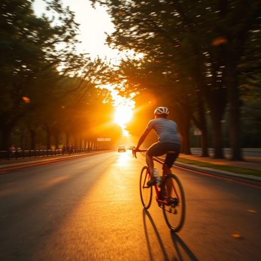 Blurry action shot of a cyclist racing down a tree-lined street at dusk, soft golden light from the setting sun casting long shadows, with autumn leaves swirling in the breeze and distant pedestrians barely visible on the sidewalk.