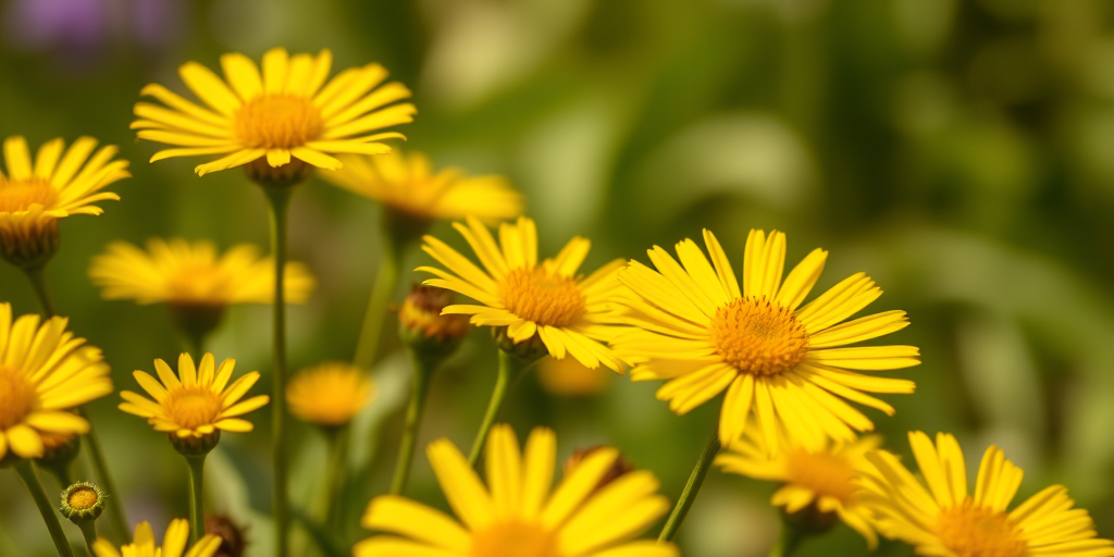 Close-up shot of vibrant yellow wildflowers with a blurred background, ISO 200, f/2.8, 1/500s, 50mm lens, natural sunlight, DSLR camera.