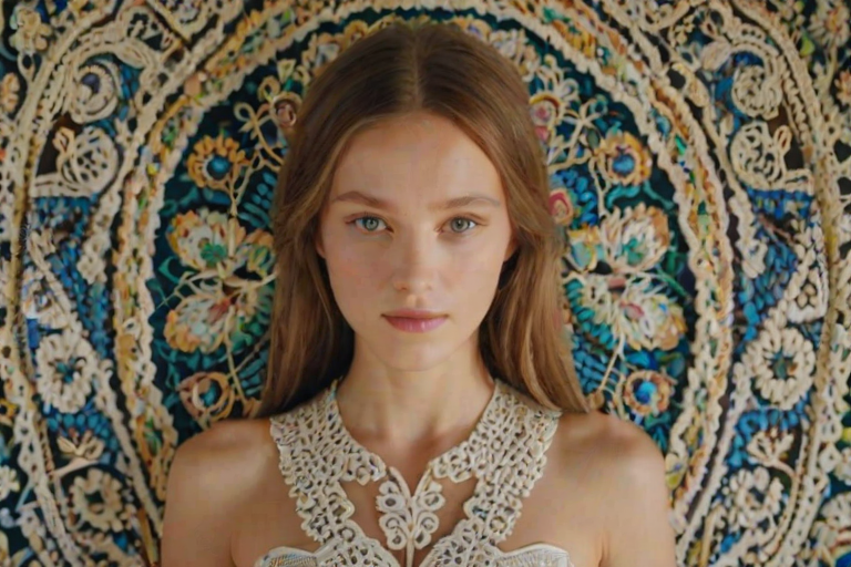 Face, shoulders, chest covered in openwork Ukrainian embroidery. Raw, unedited image.