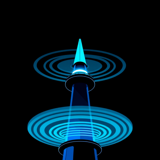 create a digital illustration of a blue signal tower emitting circular waves with a sharp triangular peak, using a 50mm lens, f/8 aperture, ISO 100, shot from a low angle to emphasize the height, in a vector graphic style for enhanced clarity and detail