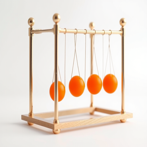 Create a high-resolution image of a Newton's cradle with five orange balls, focusing on a clean white background, captured from a slightly elevated angle using a DSLR camera with a 50mm lens, aperture set to f/4, ISO 100, and shutter speed of 1/125s for optimal clarity and detail.