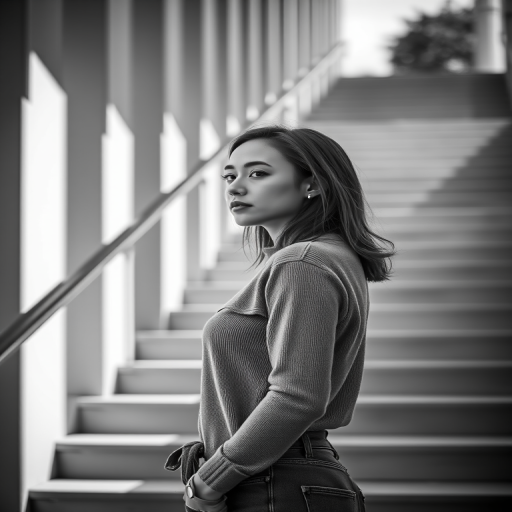 portrait of a woman standing on steps in black and white, focusing on her profile with soft natural lighting, aperture f/2.8, shutter speed 1/250s, ISO 100, shot from a low angle using a DSLR camera with a prime lens