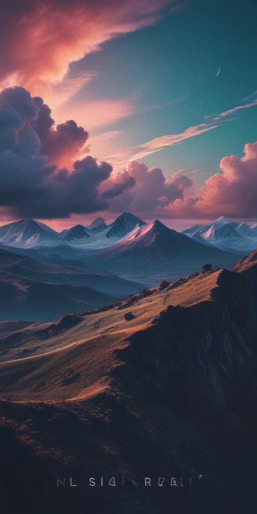 Majestic Mountain Landscape Under Vibrant Skies at Dusk with Clouds