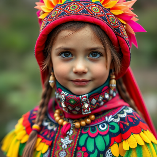 A beautiful Uzbek girl, wearing colorful bird clothing with vibrant colors