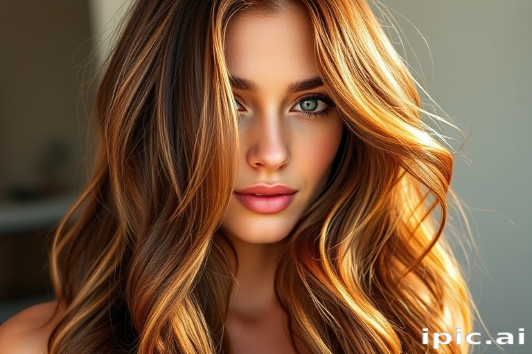 Chocolate brown hair with caramel and honey highlights styled in loose, beachy waves embodies the sun-kissed "Golden Hour Glow" look, featuring face-framing tendrils and a subtle root smudge that adds depth and dimension to the warm, rich tones, creating a natural and effortlessly chic appearance