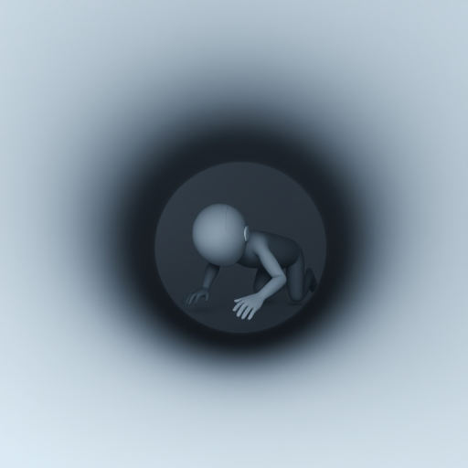 Create a 3D render of a minimalist humanoid figure crawling into a cylindrical tunnel, soft lighting, studio background, using a Canon EOS 5D Mark IV, 50mm lens, aperture f/2.8, ISO 100, and focal length 50mm for enhanced depth of field and clarity.