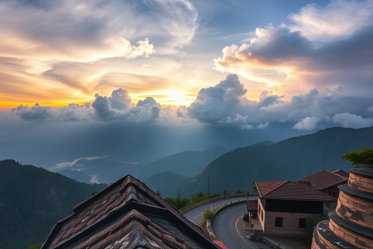 Capture a breathtaking view of a mountainous landscape at sunset with a winding road, traditional architecture in the foreground, and dramatic clouds in the sky, using a DSLR camera with a wide-angle lens, aperture f/8, ISO 100, shutter speed 1/200s, and a low-angle shot for depth.