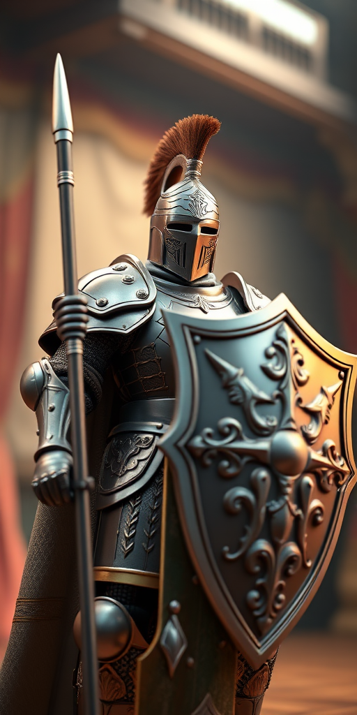 Create a highly detailed 3D render of a knight in ornate armor holding a shield and spear, with studio lighting, focal length of 50mm, aperture set to f/8, ISO 100, shot from a low angle with a depth of field that emphasizes the knight while softly blurring the background.