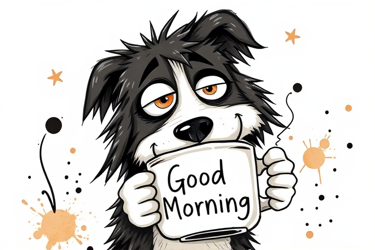 A quirky, artistic illustration of a disheveled collie dog breed with exaggerated, large eyes and spiky fur, holding a coffee mug that reads "Good Morning". The dog has a tired but humorous expression, with ink splatters and abstract details surrounding it, giving a whimsical feel to the image. The color palette is mostly monochrome with hints of brown in the eyes and steam rising from the mug, enhancing the overall sleepy vibe