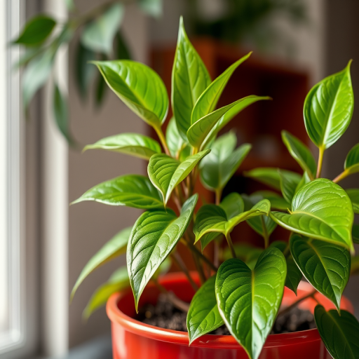 Regenerate a vibrant indoor plant in a red pot with glossy green leaves, using a DSLR camera with a 50mm lens at f/2.8, settings ISO 100, shutter speed 1/200s, in a well-lit room for enhanced detail and color richness.