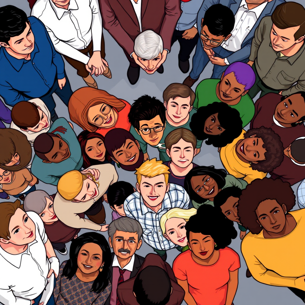 create an illustration of a diverse group of people in an organized arrangement, use a high-resolution digital art style with a focus on vibrant colors, camera settings: f/5.6 aperture, ISO 100, 1/250 shutter speed, camera view: top-down perspective, camera style: vector graphic, camera type: digital illustration