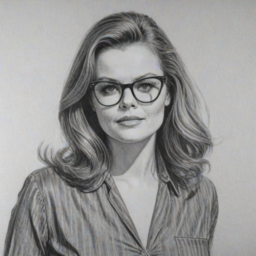 Sublime Belinda Carlisle, pencil sketch, portrait of Radiant woman 1960s in glasses, hair style beatnik, outline, clear lines, fine lines, 8k