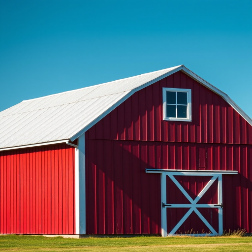 stock illustration of a red barn with a white roof and a window, captured in high resolution with a Canon EOS 5D Mark IV, 50mm lens, f/8 aperture, ISO 100, natural lighting, focus on the barn structure with a shallow depth of field for artistic emphasis.
