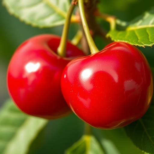 Create a high-resolution illustration of two red cherries with green leaves, captured using a Canon EOS R5, 50mm f/1.8 lens, under natural light, in a macro view to enhance detail and texture.