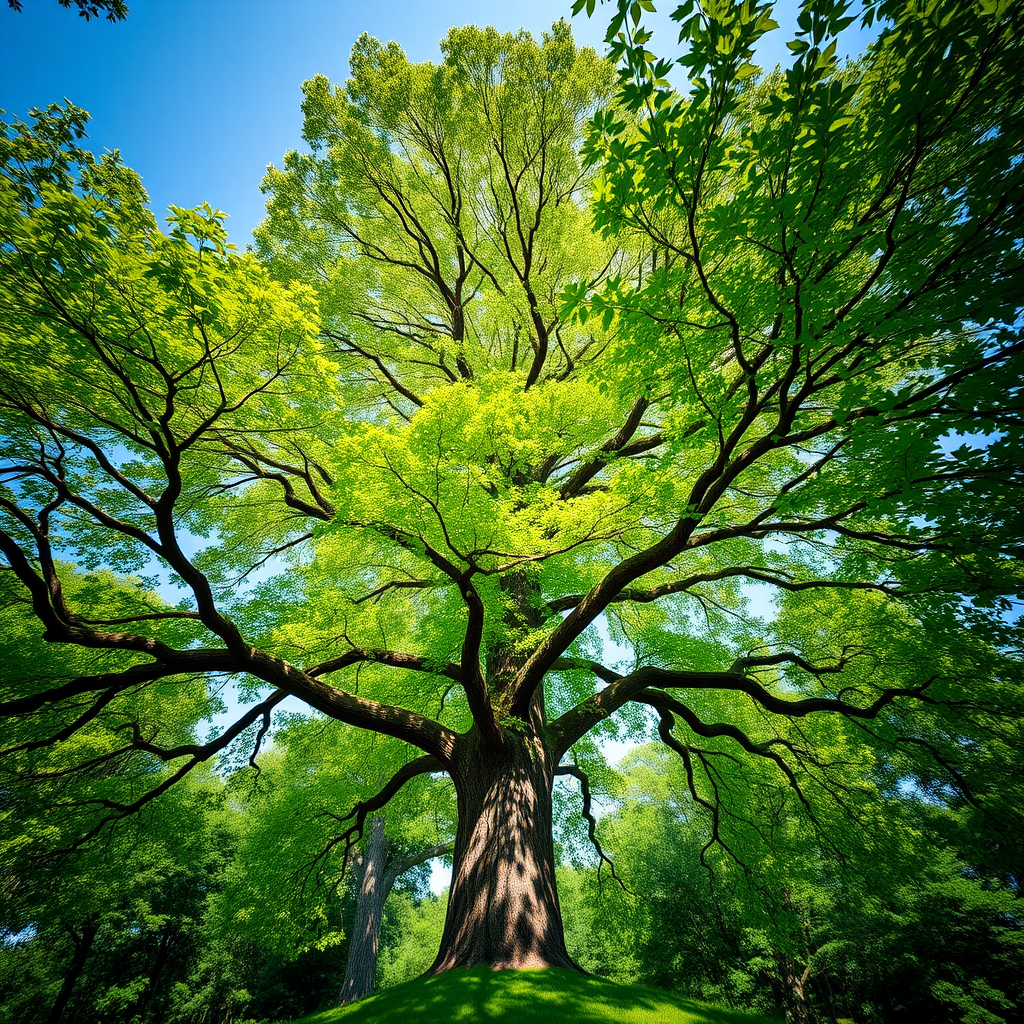 Create a high-resolution image of a lush green tree with a thick canopy and a sturdy trunk taken from a low angle using a DSLR camera at f/4, 1/200 sec, ISO 100 in natural sunlight.
