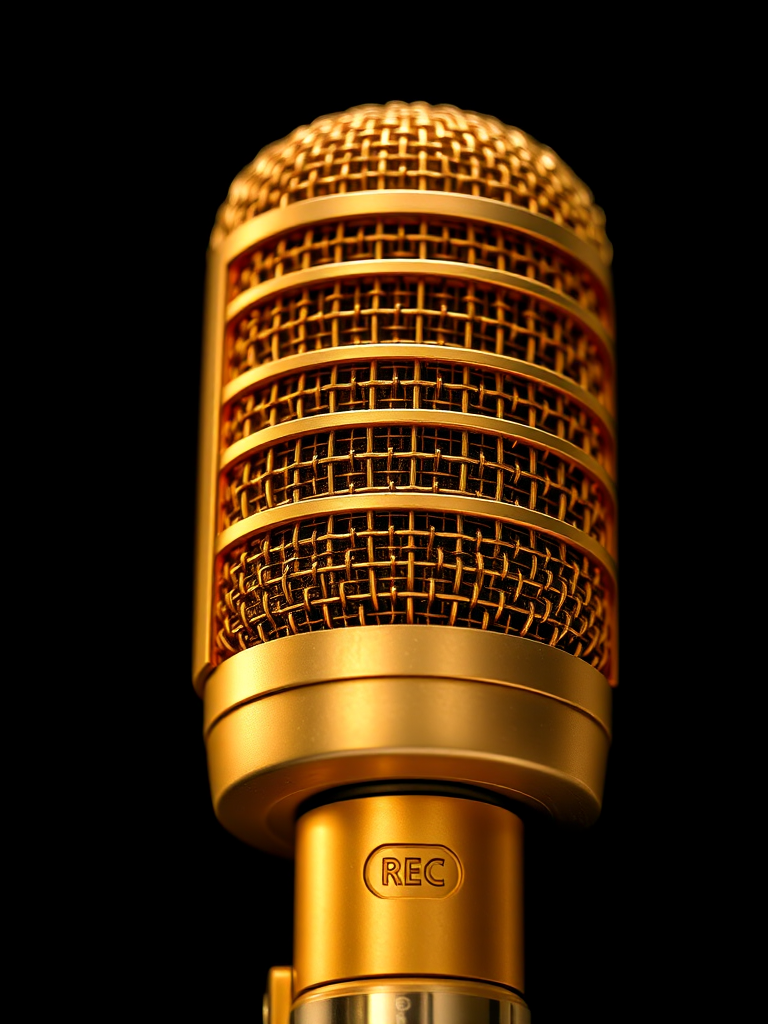 high-resolution image of a gold microphone with a shiny mesh grille, focused on the texture and details, black background, captured with a DSLR camera at f/2.8, 1/100s shutter speed, ISO 200, using a macro lens for enhanced clarity and depth of field