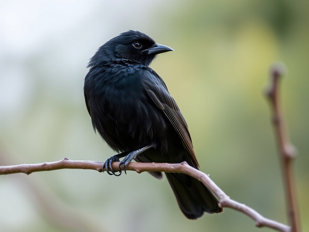 Capture a sharp image of a black bird perched on a branch, using a 50mm lens at f/2.8, 1/500 sec shutter speed, ISO 200, taken from a low angle with a shallow depth of field to blur the background.