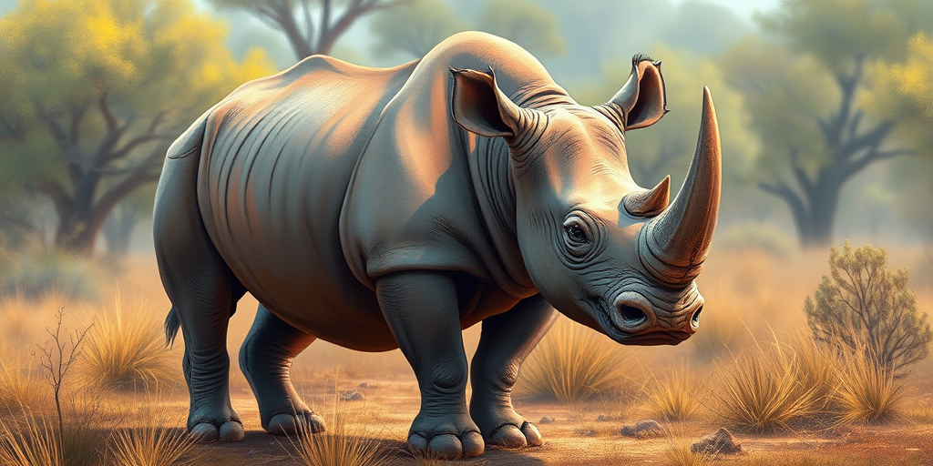 Create a detailed, high-resolution illustration of a rhinoceros standing in a natural setting, using a DSLR camera with a 50mm lens at f/8, ISO 100, and a shutter speed of 1/200 sec, capturing vibrant colors and textures with a soft focus background.