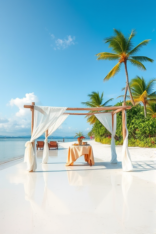 Create a picturesque tropical beach scene featuring a serene, white sandy shore. In the foreground, there's a rustic wooden canopy with white drapes gently flowing in the breeze. Underneath the canopy, a table is set with tropical decor, evoking a sense of relaxation and leisure. The beach extends into a calm, shallow water area with reflections of the sky and surroundings. Palm trees and lush greenery line the edge of the beach, providing a natural, tropical backdrop. The sky is clear with a few scattered clouds, and the overall atmosphere is tranquil and inviting, perfect for a peaceful retreat.